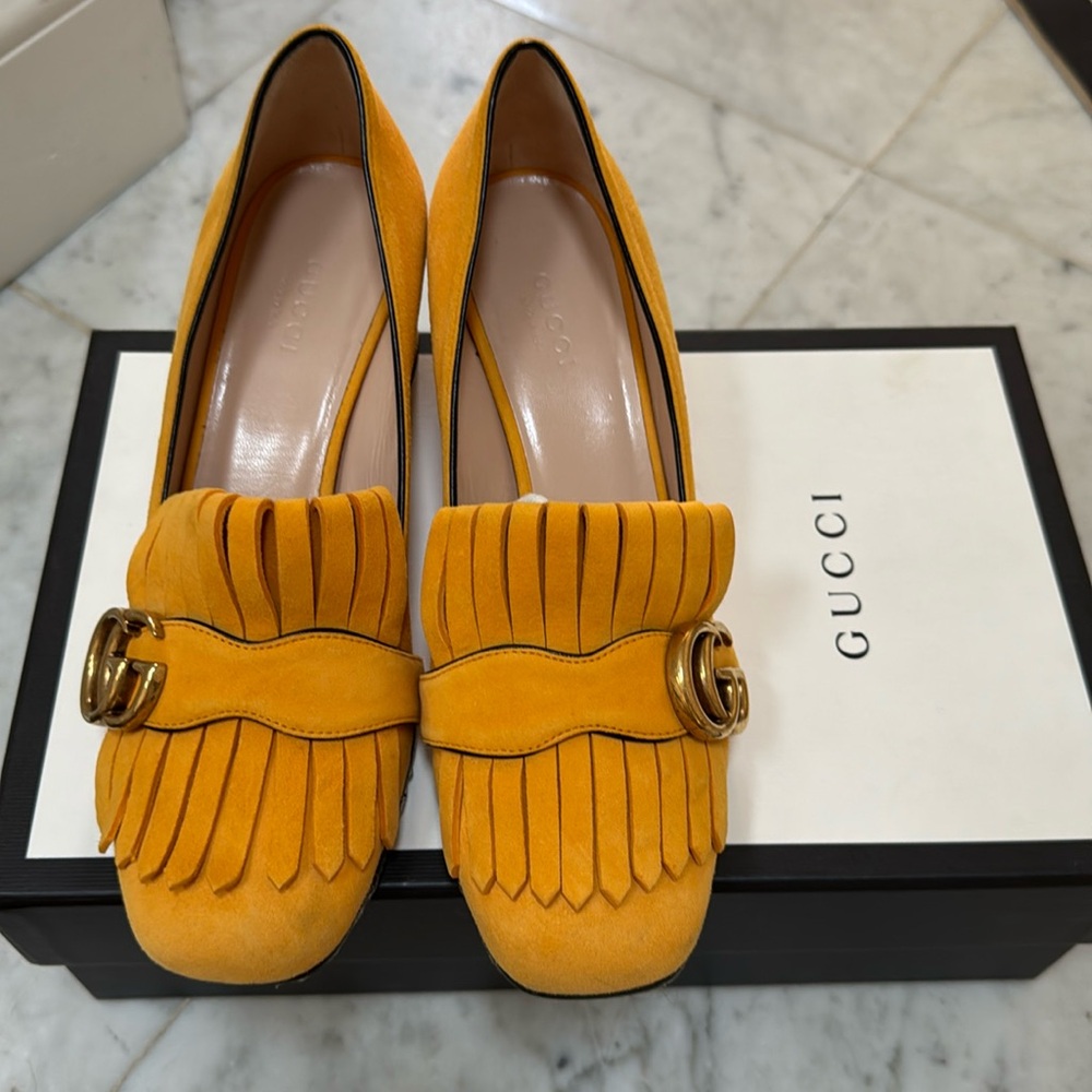 Gucci Shoes Marmont GG Logo Suede Fringe Flat Slip On Loafers